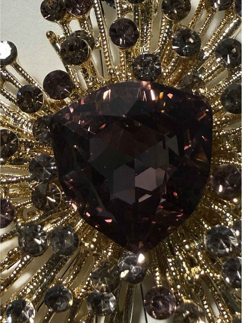 NEW JJ Fantasia 2000s Starburst Brooch Crystal Gold Smoky Amethyst, 2.5x2.5”